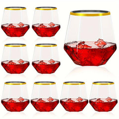 Golden Rim Plastic Diamond Wine Glass Set 12 oz Clear Stemless Whiskey Glasses