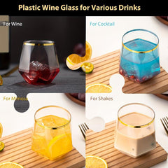 Golden Rim Plastic Diamond Wine Glass Set 12 oz Clear Stemless Whiskey Glasses
