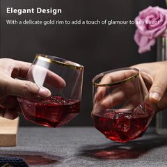 Golden Rim Plastic Diamond Wine Glass Set 12 oz Clear Stemless Whiskey Glasses