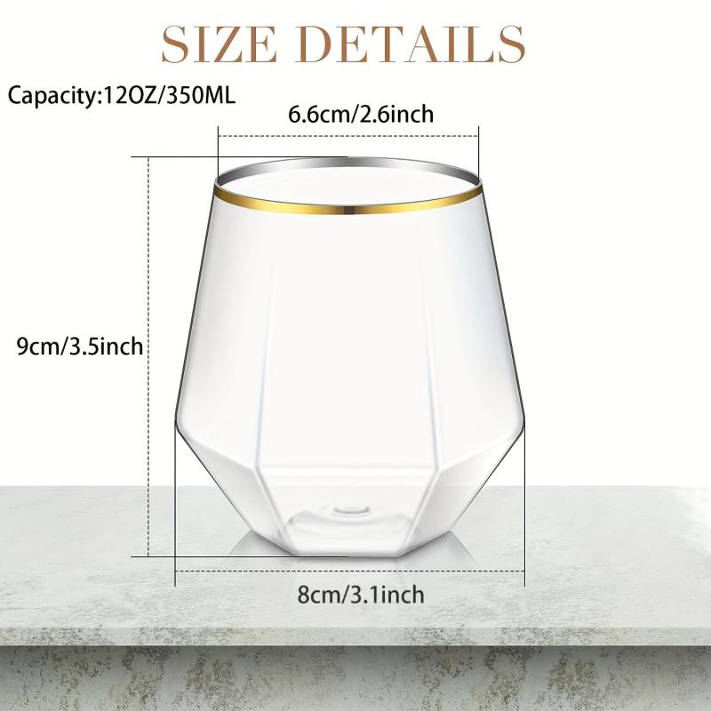 Golden Rim Plastic Diamond Wine Glass Set 12 oz Clear Stemless Whiskey Glasses