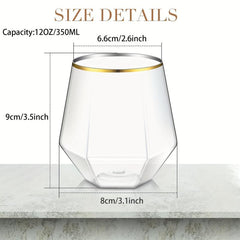 Golden Rim Plastic Diamond Wine Glass Set 12 oz Clear Stemless Whiskey Glasses