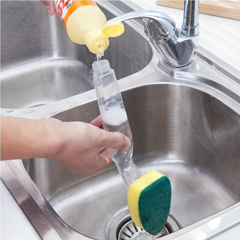 Soap Dispensing Dish Cleaning Brush Set with 9 Sponge Replacement Heads