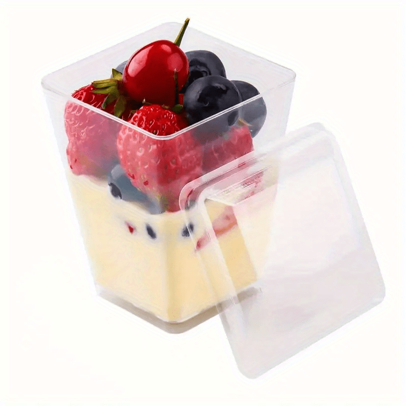 50 Reusable Dessert Cups With Lid And Spoon, 5oz Square Bowl Clear Plastic