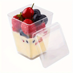 50 Reusable Dessert Cups With Lid And Spoon, 5oz Square Bowl Clear Plastic