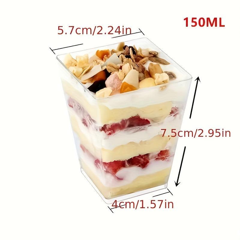 50 Reusable Dessert Cups With Lid And Spoon, 5oz Square Bowl Clear Plastic