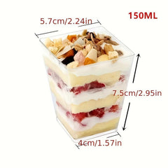 50 Reusable Dessert Cups With Lid And Spoon, 5oz Square Bowl Clear Plastic