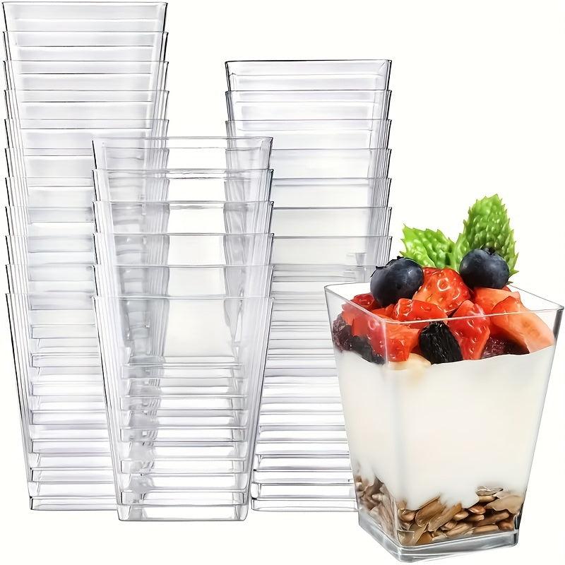 50 Reusable Dessert Cups With Lid And Spoon, 5oz Square Bowl Clear Plastic