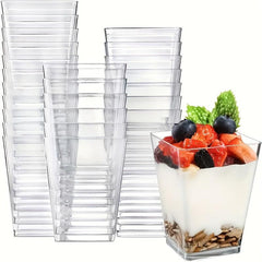 50 Reusable Dessert Cups With Lid And Spoon, 5oz Square Bowl Clear Plastic