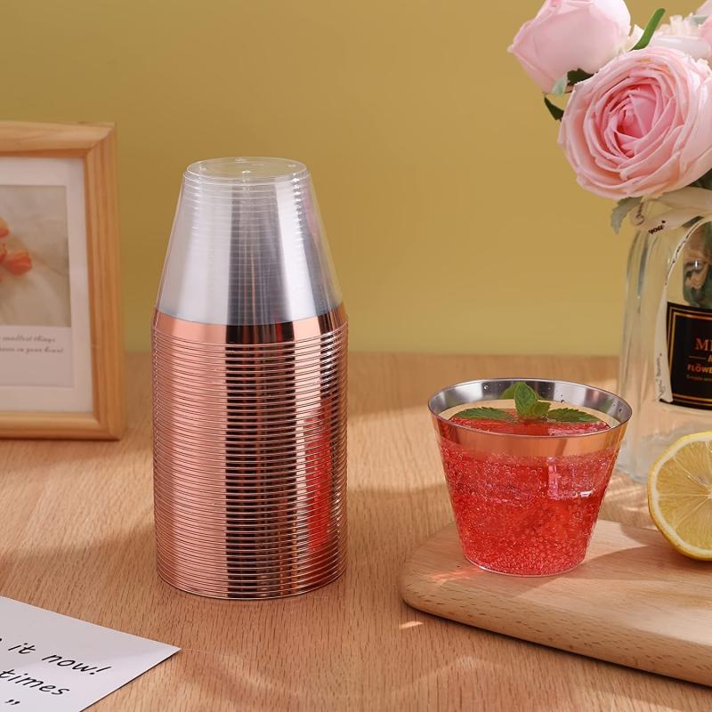 25Pcs Disposable Plastic Glasses 9oz Golden Rim Whiskey Cocktail