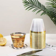 25Pcs Disposable Plastic Glasses 9oz Golden Rim Whiskey Cocktail