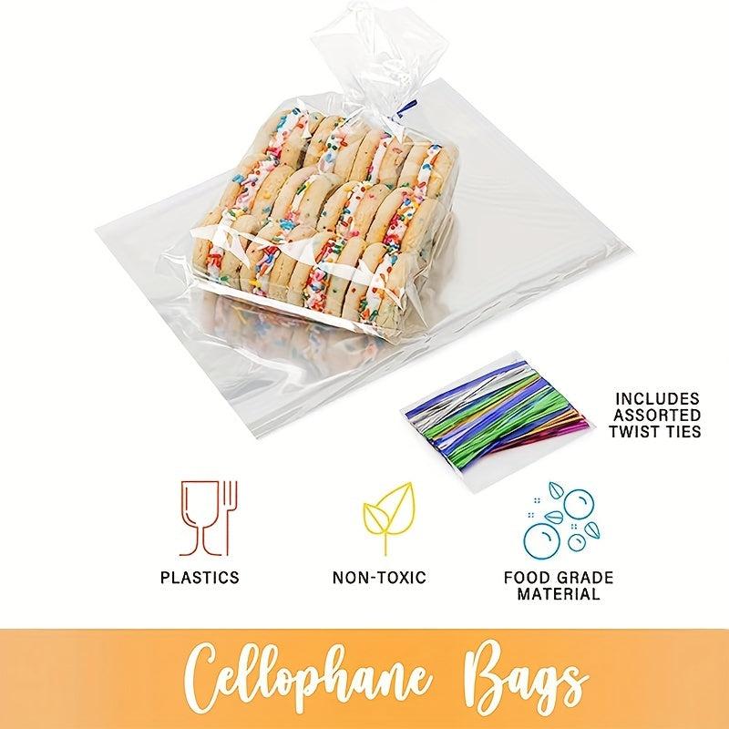 100 Clear Plastic Cellophane Bags with Twist Ties for Party Favors