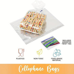 100 Clear Plastic Cellophane Bags with Twist Ties for Party Favors