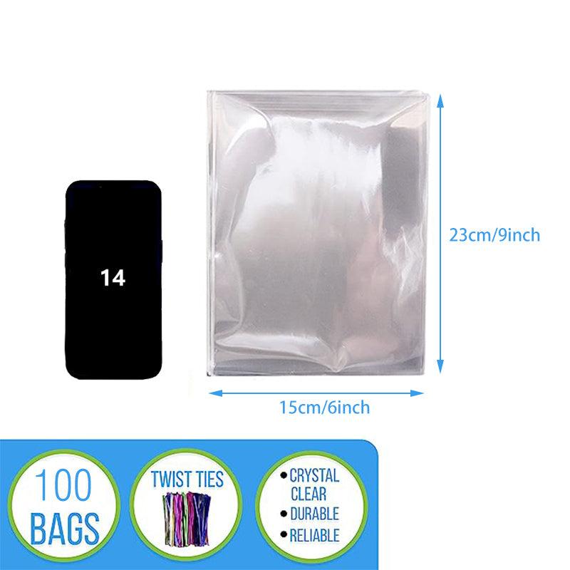 100 Clear Plastic Cellophane Bags with Twist Ties for Party Favors