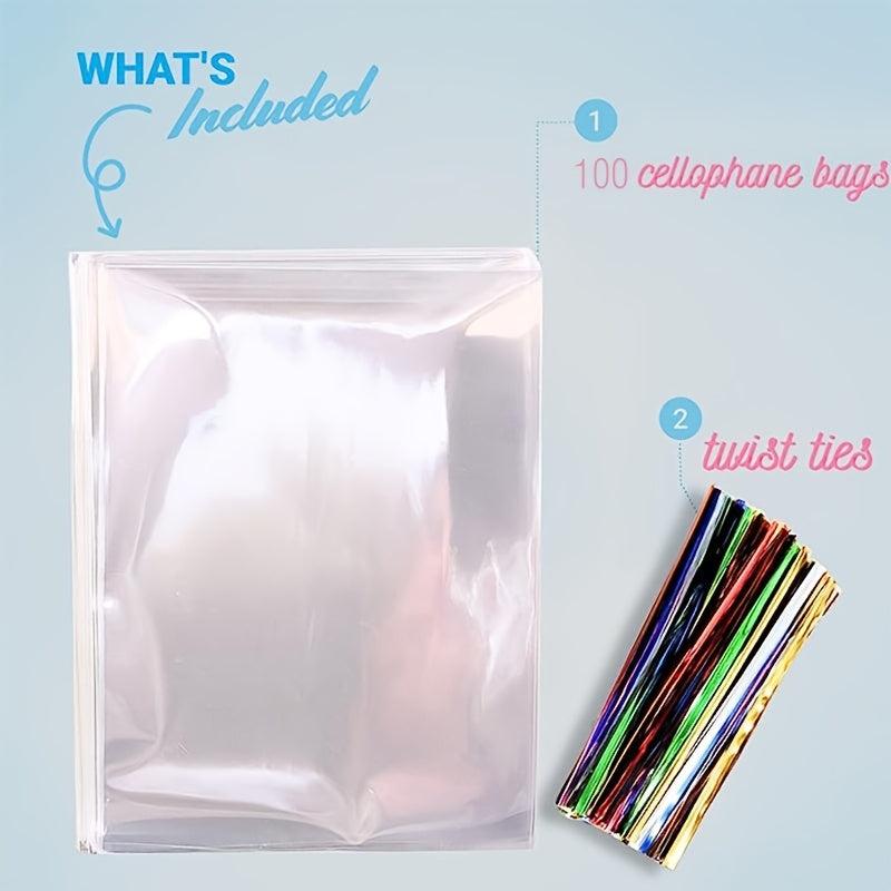 100 Clear Plastic Cellophane Bags with Twist Ties for Party Favors