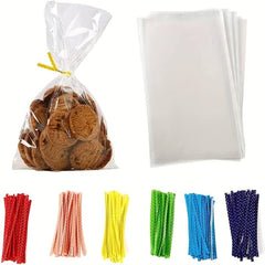 100 Clear Plastic Cellophane Bags with Twist Ties for Party Favors