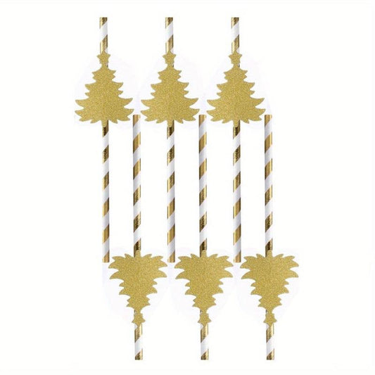 6pcs Christmas Paper Straws Tree Pattern Disposable Party Decorations