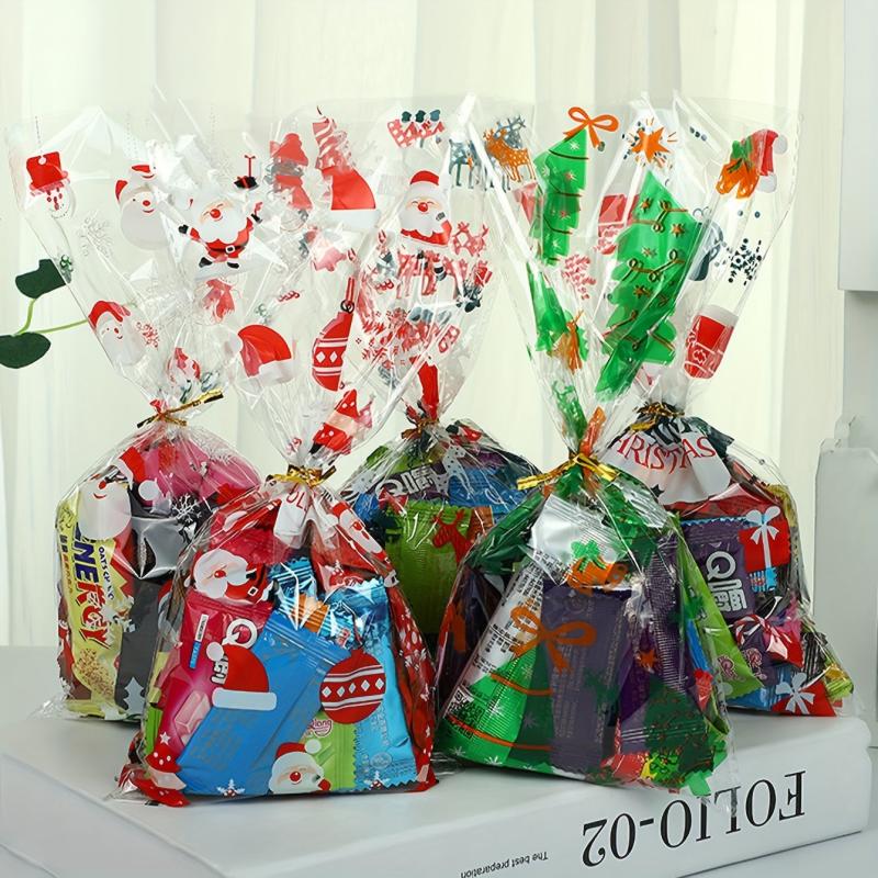 10pcs Christmas Treat Bags Santa Claus Printed Goodie Bags