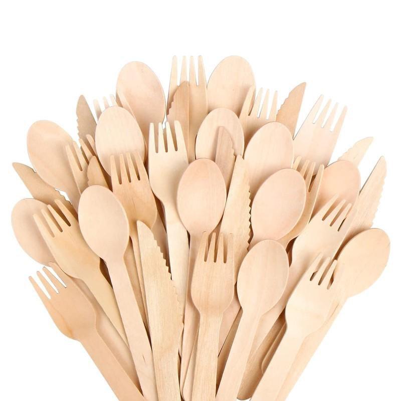 20Pcs Disposable Wooden Spoon Fork Cutlery Cake Dessert Ice Cream