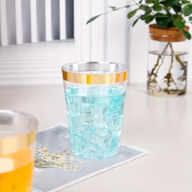 50pcs 10 Oz Plastic Cups with Golden Rim for Cocktails and Desserts
