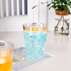 50pcs 10 Oz Plastic Cups with Golden Rim for Cocktails and Desserts