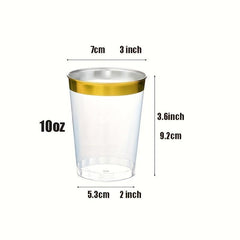 50pcs 10 Oz Plastic Cups with Golden Rim for Cocktails and Desserts