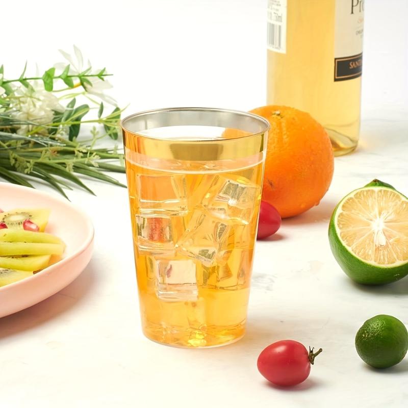 50pcs 10 Oz Plastic Cups with Golden Rim for Cocktails and Desserts