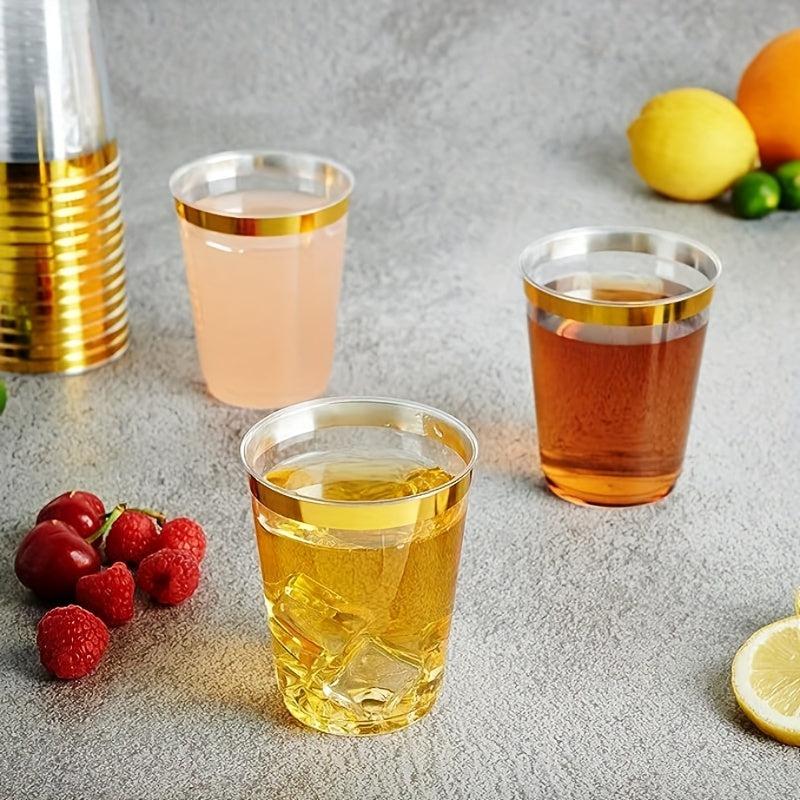 50pcs 10 Oz Plastic Cups with Golden Rim for Cocktails and Desserts