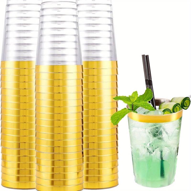 50pcs 10 Oz Plastic Cups with Golden Rim for Cocktails and Desserts