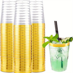 50pcs 10 Oz Plastic Cups with Golden Rim for Cocktails and Desserts