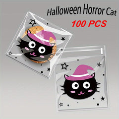 100 Halloween Self Adhesive Bags - Clear Plastic Treat Bags