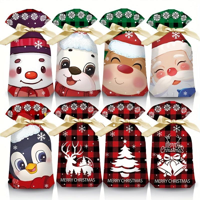 10pcs Christmas Gift Bags With Ribbon Drawstring Santa Claus Printed Goodie Bags
