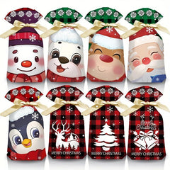 10pcs Christmas Gift Bags With Ribbon Drawstring Santa Claus Printed Goodie Bags