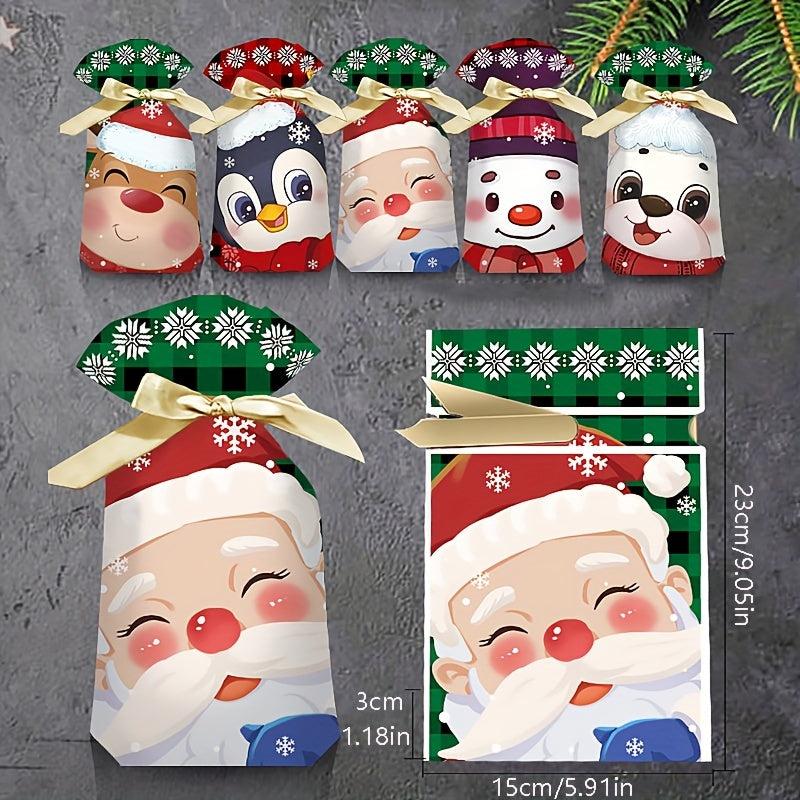 10pcs Christmas Gift Bags With Ribbon Drawstring Santa Claus Printed Goodie Bags