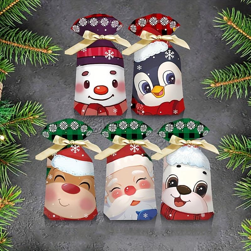 10pcs Christmas Gift Bags With Ribbon Drawstring Santa Claus Printed Goodie Bags