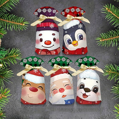 10pcs Christmas Gift Bags With Ribbon Drawstring Santa Claus Printed Goodie Bags