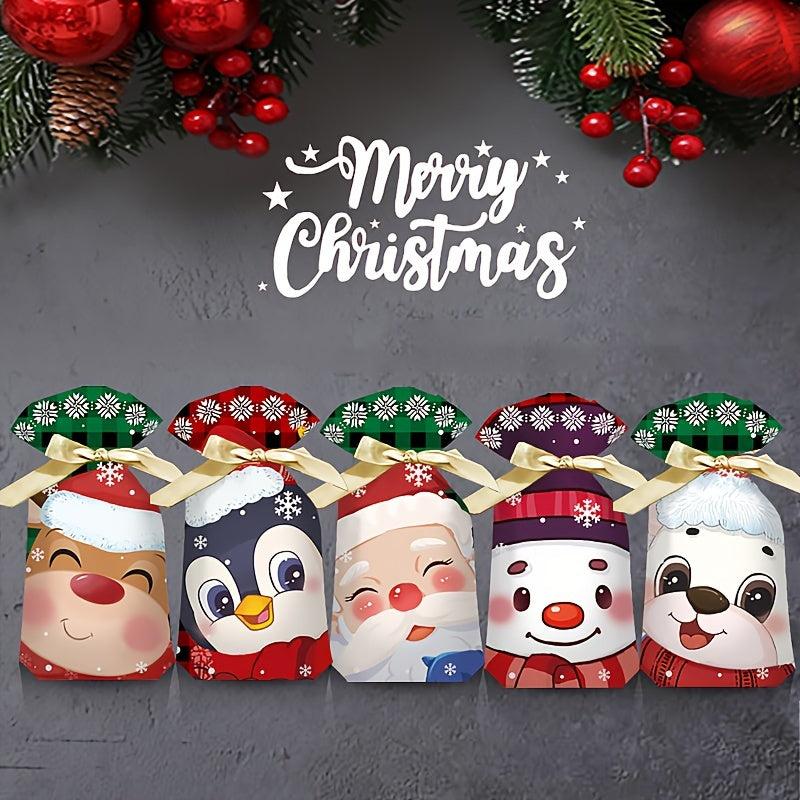 10pcs Christmas Gift Bags With Ribbon Drawstring Santa Claus Printed Goodie Bags