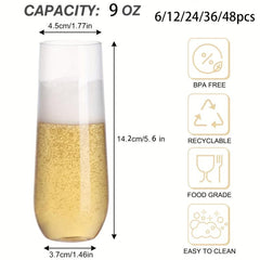 36pcs Stemless Plastic Champagne Flutes 9 Oz Clear Unbreakable