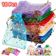 10pcs Moon Star Drawstring Organza Bags Jewelry Gift Bag Pouch