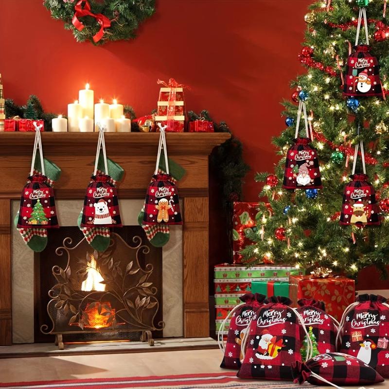 5pcs Christmas Plaid Cotton Cloth Bundle Gift Bag Set