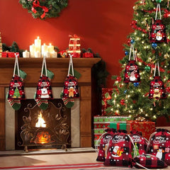 5pcs Christmas Plaid Cotton Cloth Bundle Gift Bag Set