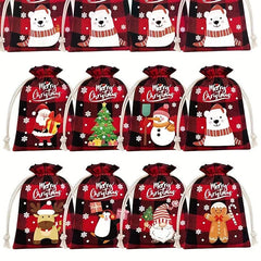 5pcs Christmas Plaid Cotton Cloth Bundle Gift Bag Set