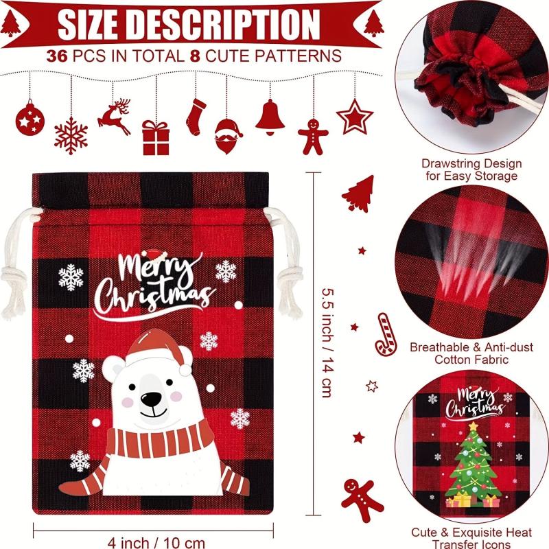 5pcs Christmas Plaid Cotton Cloth Bundle Gift Bag Set