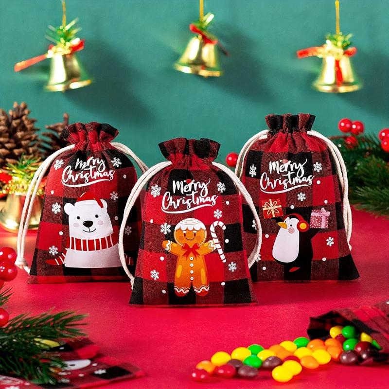 5pcs Christmas Plaid Cotton Cloth Bundle Gift Bag Set
