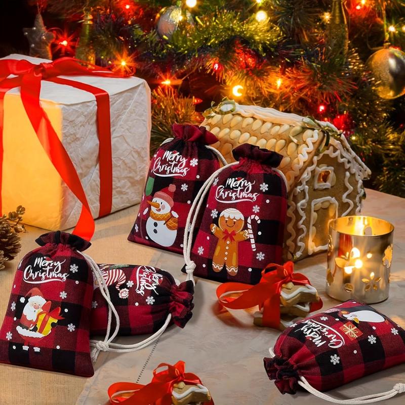 5pcs Christmas Plaid Cotton Cloth Bundle Gift Bag Set