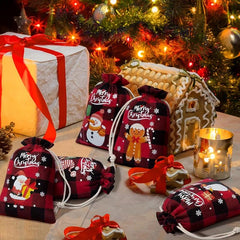 5pcs Christmas Plaid Cotton Cloth Bundle Gift Bag Set