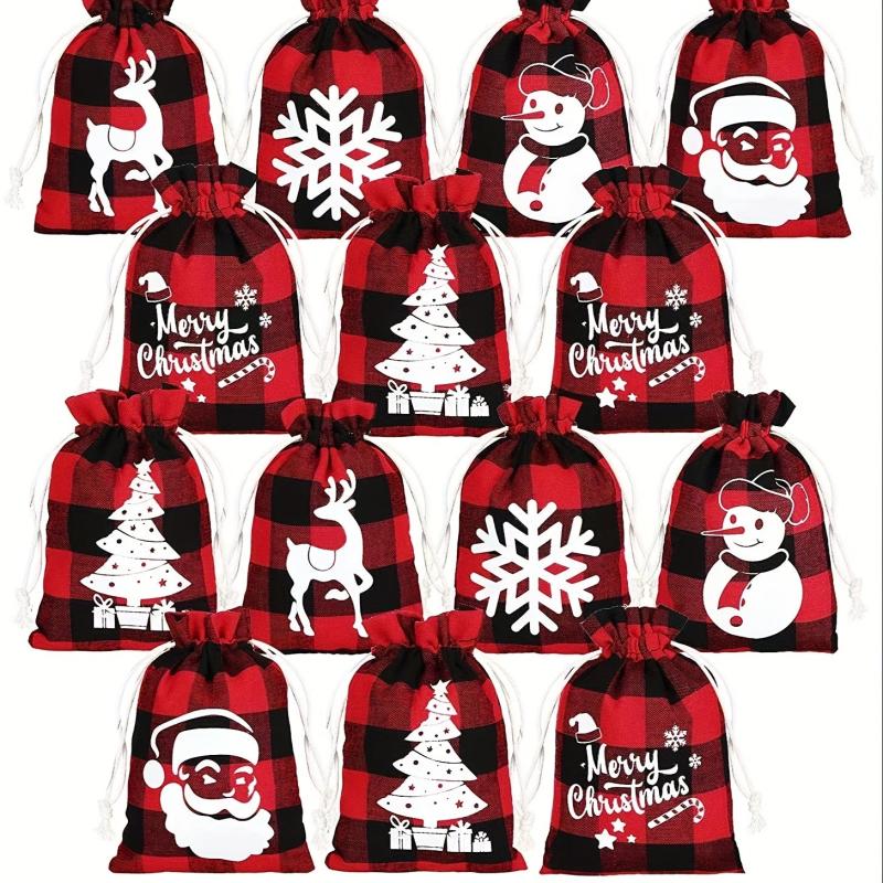 5pcs Christmas Plaid Cotton Cloth Bundle Gift Bag Set