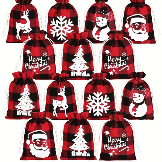 5pcs Christmas Plaid Cotton Cloth Bundle Gift Bag Set