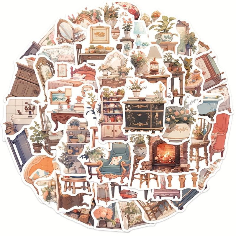 50 Pcs Vintage Boho Furniture Stickers Waterproof Vinyl Stickers