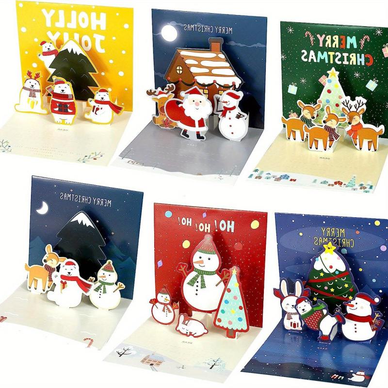6pcs 3D Decor Pop Up Merry Christmas Cards Set Christmas Gift