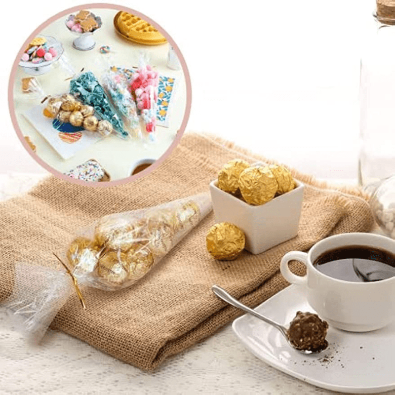 100pcs Cellophane Bags 13 Crystal Clean Sweet Cone Bags With Twist Ties